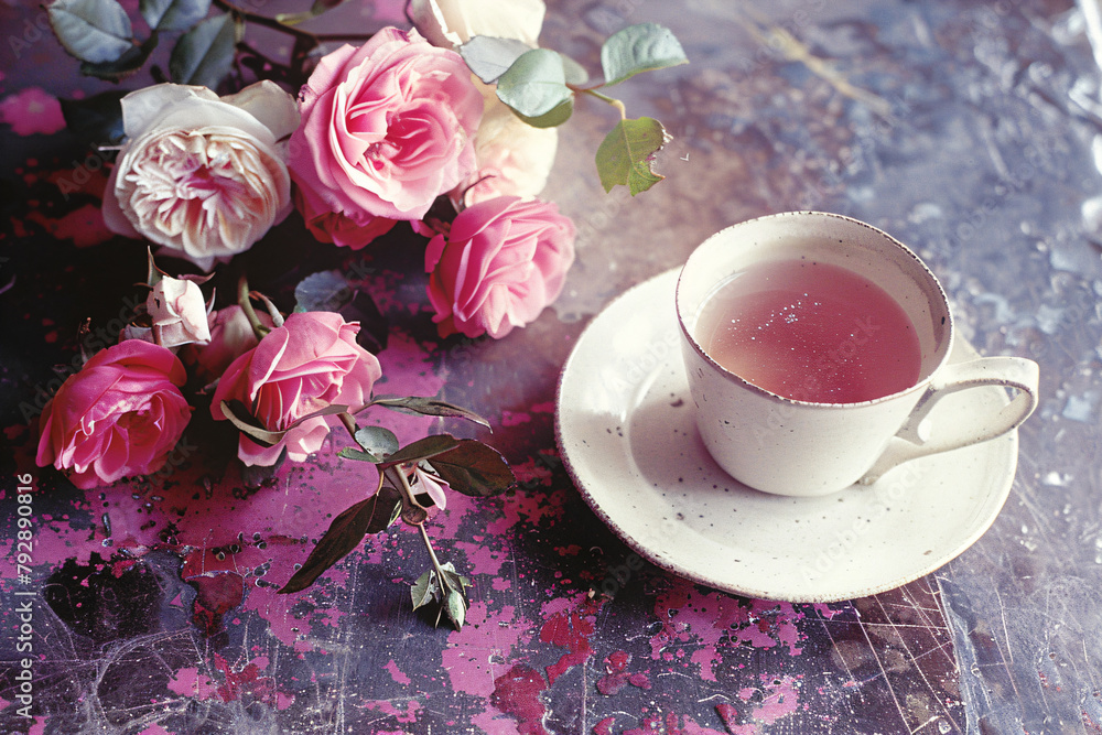 Wall mural vintage teacup with pink roses on a painted textured background. retro and nostalgia concept. design