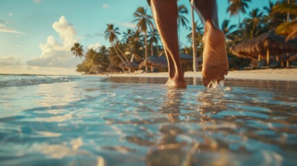 Close up of a man's feet walking on the beach, closeup of legs in shallow water against a tropical resort background - obrazy, fototapety, plakaty