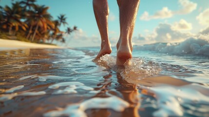 Close up of a man's feet walking on the beach, closeup of legs in shallow water against a tropical resort background