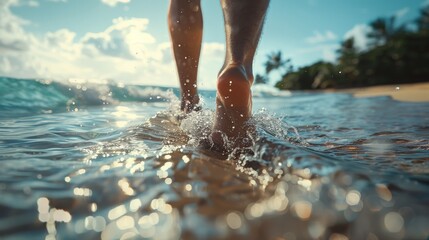 Close up of a man's feet walking on the beach, closeup of legs in shallow water against a tropical resort background