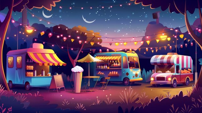 Food trucks selling takeaway meals in a night city park during a trade fair. Modern cartoon illustration of popcorn, hot dogs, cotton candy, fresh juice, coffee, and snacks vans.