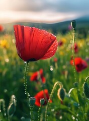 A dewy red poppy flower in the foreground, with a blurred green meadow background.