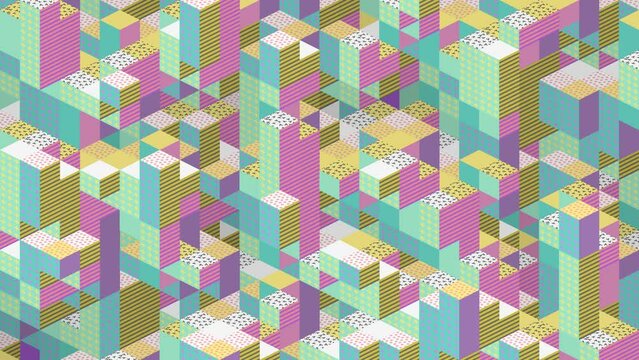 Retro cubes loop. Memphis Design style, 80's - 90's. Isometric geometric mosaic pattern of colorful 3D blocks.