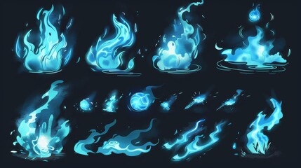 An illustration of a blue fire explosion in an UI animation. It has a cartoon magic hit effect animated kit on a dark background. Energy frames, thunderbolt and electric glow. An illustration of a