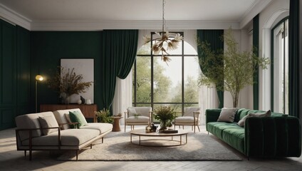 Contemporary living room concept featuring modern furnishings and an elegant green arch with dried flowers. Presented in a realistic render with a white sofa and armchair. - obrazy, fototapety, plakaty