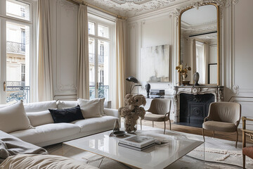 Parisian chic apartment boasting elegant Haussmannian architecture, ornate moldings.