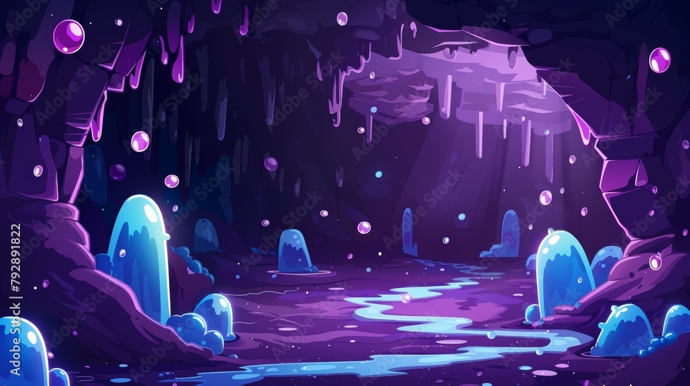 Poster an adventure level in stone cavern with path through poisonous river flow with bubbles within a dark
