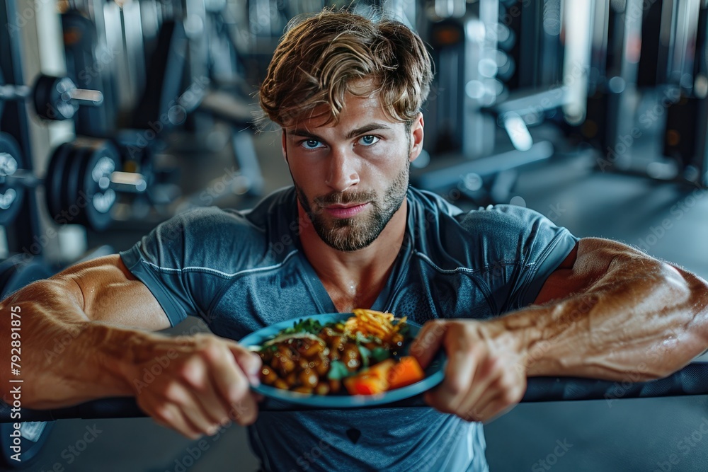 Wall mural a man is holding a plate of food in his hand. he is wearing a blue shirt and has a beard. the plate 