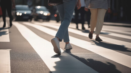  legs of people walking on a busy street along a pedestrian crossing in different directions.A girl crosses the road at a pedestrian crossing