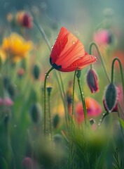 A dewy red poppy flower in the foreground, with a blurred green meadow background.
