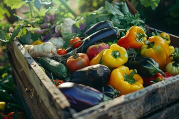 A wooden box brimming with a variety of fresh vegetables and fruits