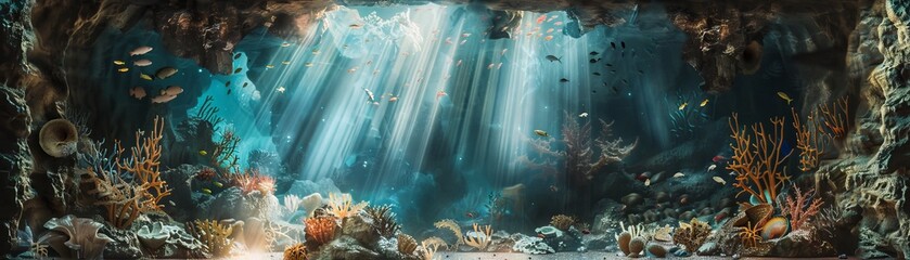 Underwater scene with various species of fish and coral