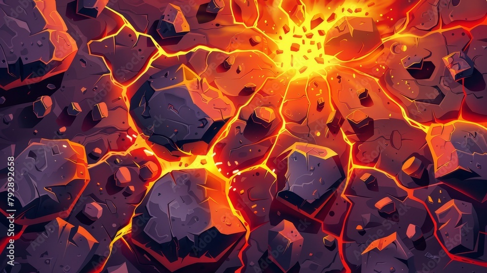 Poster volcano boulder texture with lava in cracks and broken stones. light effect in fissures and surface 