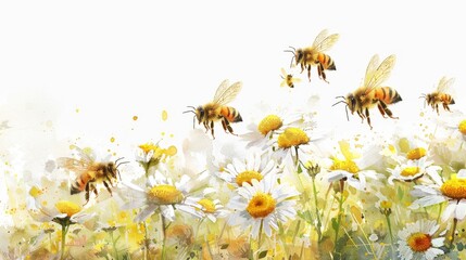 watercolor painting of bees flying over a field of white daisies