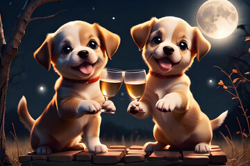 Two cute puppies are making a toast under the full moon.