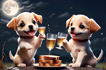 Two cute puppies are making a toast under the full moon