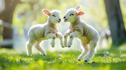 Funny two lambs playing in the green field meadow at sunny day. AI generated image
