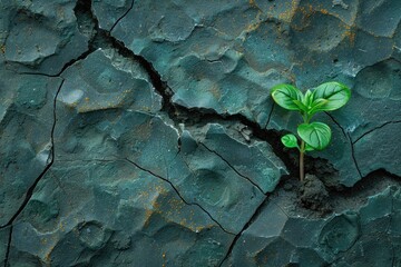A small green plant is growing out of a crack in a rock. Concept of resilience and hope, as the plant is able to grow and thrive in an unlikely environment - obrazy, fototapety, plakaty