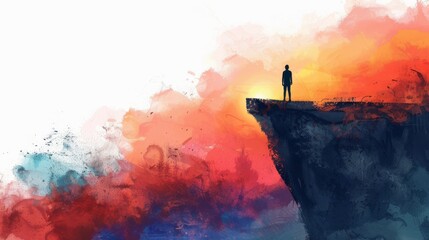 watercolor painting of a man standing on a cliff edge looking out