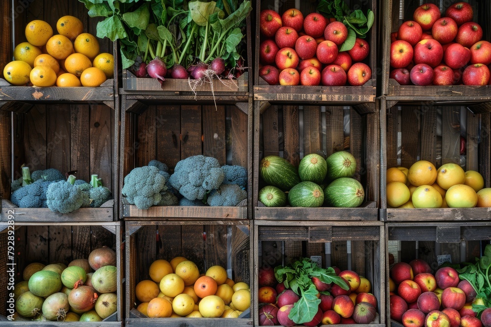 Poster a variety of fruits and vegetables are displayed in wooden crates. the apples are in the middle of t