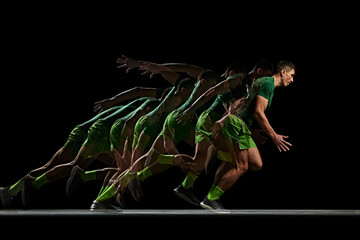 Dynamic image of muscular man, athlete in motion, showing strength and agility, running against black background with stroboscope effect. Concept of sport, active and healthy lifestyle, endurance