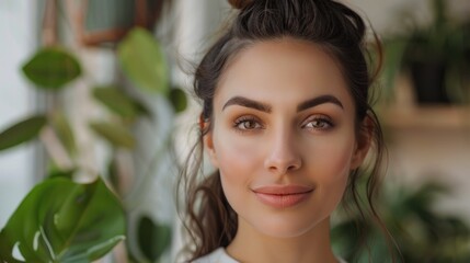 Fototapeta premium Stunning portrait of a woman with a natural greenery background, showcasing her beauty