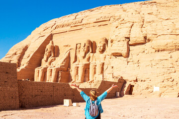 Woman tourist at Abu Simbel, the great temple of Ramses II.