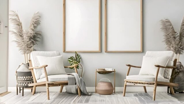 video mockup frame in living room interior with chairs