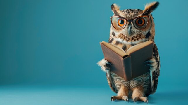Smart owl bird in glasses reading a book isolated on blue background. AI generated image