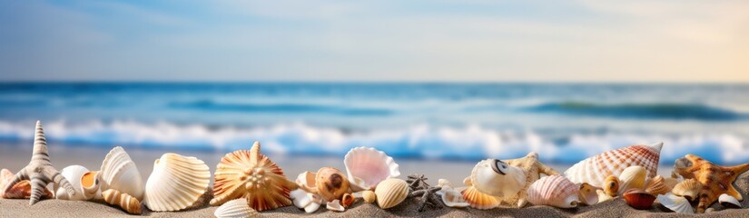 Shell arrange on th beach seascape background banner