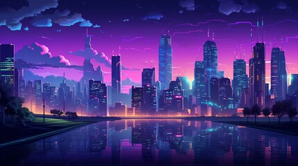 A beautiful painting of a cyberpunk city at night with a river in front, done in an impressionist style. - obrazy, fototapety, plakaty