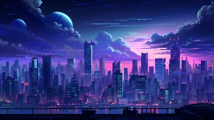 A beautiful painting of a futuristic city at night. The city is full of tall buildings and bright lights. The sky is dark and there are stars and clouds.