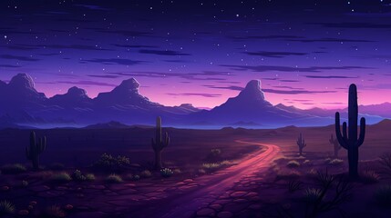 A lonely road through a vast desert landscape under a starry night sky. - obrazy, fototapety, plakaty