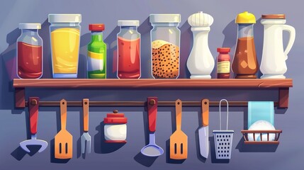 Modern illustration of ketchup, mustard, pepper, salt bottles, grater, wooden board, spoons and cuttlery on a cartoon kitchen shelf. - obrazy, fototapety, plakaty