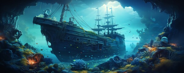 A sunken pirate ship lies on the ocean floor, encrusted with coral and surrounded by schools of fish.