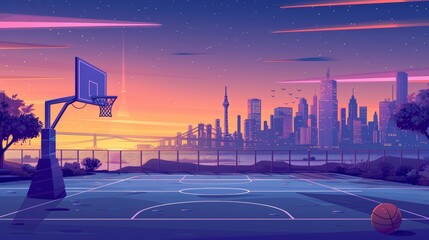 Cartoon modern background with a sunset street basketball court and cityscape skyline. Empty school team arena stadium coast view with a sundown skyscraper view. - obrazy, fototapety, plakaty