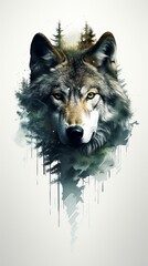A watercolor painting of a wolf's face with a forest scene double exposure