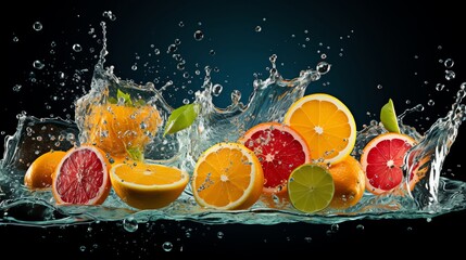 A variety of citrus fruits, including oranges, grapefruits, and lemons, arranged together with water splashing around them.