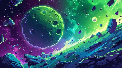 An alien planet's surface with toxic neon substance in cracks, stones scattered after a meteorite strike or explosion. Cartoon illustration of space apocalypse. Background for an adventure game.