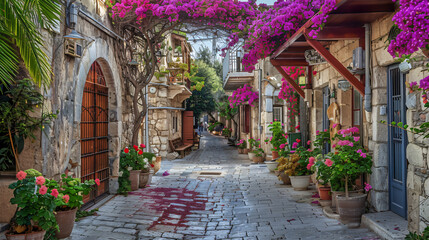Beautiful street with flowers and old buildings 