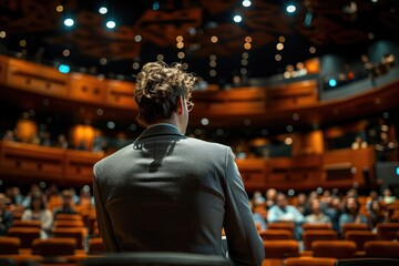 A man in a suit stands in front of a large audience. The man is wearing glasses and is looking at the audience. The audience is seated in rows of chairs, and the room is filled with people - obrazy, fototapety, plakaty