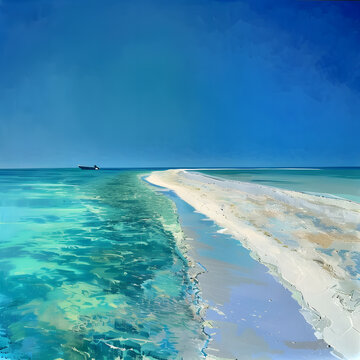 Blue coastal area with sand and white sky and blue sea, torist attraction 