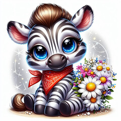 baby zebra with a bouquet of summer flowers
