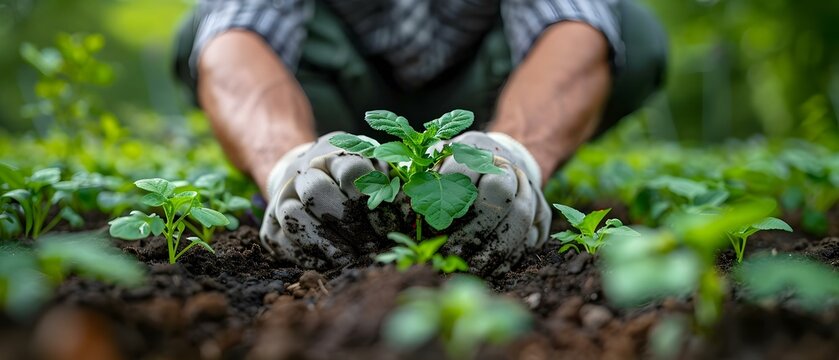 Planting seedling in community garden symbolizes grassroots health promotion efforts. Concept Community Gardening, Health Promotion, Grassroots Initiatives, Planting Seedlings, Symbolism