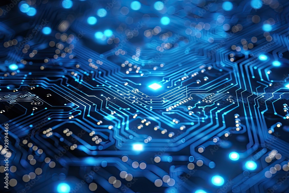 Poster a close up of a blue circuit board with many small lights on it. concept of complexity and sophistic