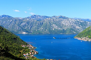 View from the mountain to the Bay of Kotor, mountains and resort village