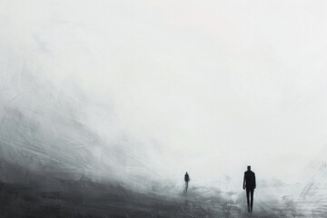 An abstract composition featuring solitary figures silhouetted against a vast expanse of empty space, with muted tones of gray and black conveying feelings of loneliness and solitude. 