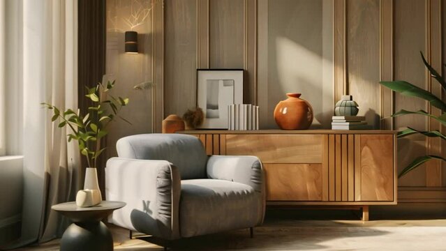 video living room with wooden wardrobe sofa