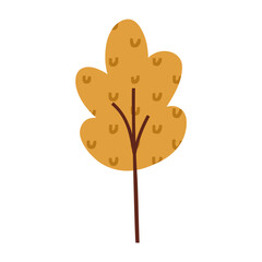 Hand drawn autumn tree, cartoon flat vector illustration isolated on white background. Yellow autumn foliage, nature element.