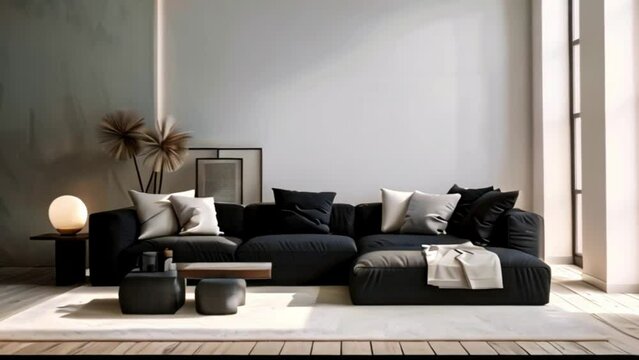 video living room with black sofa on wooden floor